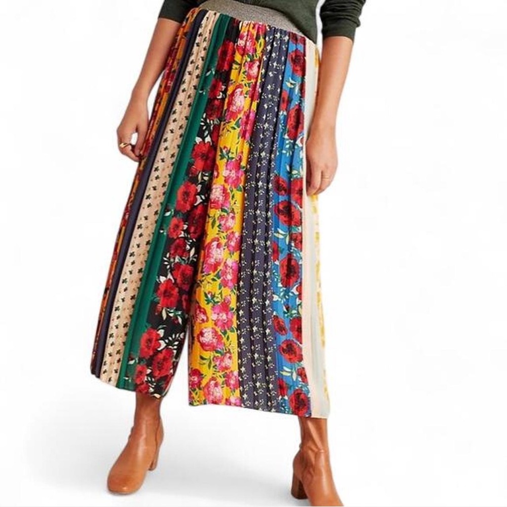 Anthropologie Floral Spirited Striped Pleated Lined Culotte Gaucho Flowy Pants